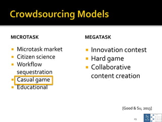 MICROTASK
 Microtask market
 Citizen science
 Workflow
sequestration
 Casual game
 Educational
MEGATASK
 Innovation ...