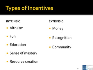 INTRINSIC
 Altruism
 Fun
 Education
 Sense of mastery
 Resource creation
EXTRINSIC
 Money
 Recognition
 Community
...