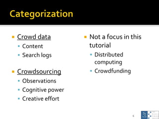  Crowd data
 Content
 Search logs
 Crowdsourcing
 Observations
 Cognitive power
 Creative effort
 Not a focus in t...