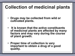 Collection of medicinal plants
• Drugs may be collected from wild or
cultivated plants.
• It is known that the active constituents
of medicinal plants are affected by many
factors and may vary during the course
of plant growth.
• Proper time of collection is very
important to obtain a drug of a good
quality.
 