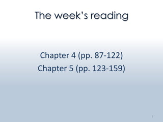 The week’s reading


Chapter 4 (pp. 87-122)
Chapter 5 (pp. 123-159)




                          2
 
