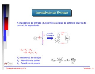 IImmppeeddâânncciaia ddee EEnnttrraaddaa 
A impedância de entrada (Zin) permite a análise de potência através de 
um circuito equivalente 
Rr : Resistência de radiação 
RL : Resistência de perdas 
Xin : Reactância de entrada 
Propagação e Antenas 2011/12 Antenas - 16 
 