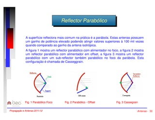 RReeffleleccttoorr PPaarraabbóólilcicoo 
A superfície reflectora mais comum na prática é a parábola. Estas antenas possuem 
um ganho de potência elevado podendo atingir valores superiores à 100 mil vezes 
quando comparado ao ganho da antena isotrópica. 
A figura 1 mostra um reflector parabólico com alimentador no foco, a figura 2 mostra 
um reflector parabólico com alimentador em offset, a figura 3 mostra um reflector 
parabólico com um sub-reflector também parabólico no foco da parábola. Esta 
configuração é chamada de Casseggrain. 
Fig. 1 Parabólico Foco Fig. 2 Parabólico - Offset Fig. 3 Cassegrain 
Propagação e Antenas 2011/12 Antenas - 30 
 