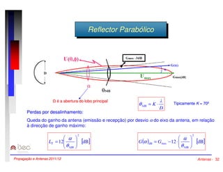 RReeffleleccttoorr PPaarraabbóólilcicoo 
 é a abertura do lobo principal 
 
= K × 3dB q Tipicamente K = 70º 
D 
Perdas por desalinhamento: 
Queda do ganho da antena (emissão e recepção) por desvio a do eixo da antena, em relação 
à direcção de ganho máximo: 
2 
 
 
a 
2 
 
 
a a G G 
L T 12 [dB] 
( ) 12 [dB] 
q 
3dB 
  
 
  
 
= 
max dB   
q 
3dB 
 
  
 
= - × 
Propagação e Antenas 2011/12 Antenas - 32 
 