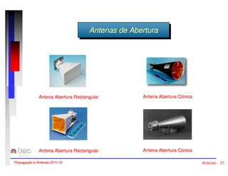 AAnntteennaass ddee AAbbeerrttuurraa 
Antena Abertura Rectangular 
Antena Abertura Rectangular 
Antena Abertura Cónica 
Antena Abertura Cónica 
Propagação e Antenas 2011/12 Antenas - 37 
 