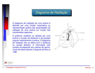 DDiaiaggrraammaa ddee RRaaddiaiaççããoo 
O diagrama de radiação de uma antena é 
definido por uma função matemática ou 
representação gráfica das propriedades de 
radiação de uma antena em função das 
coordenadas espaciais. 
A potência recebida ou radiada por uma 
antena é função da distância e da posição 
angular relativamente à antena. O diagrama 
de radiação não se altera com a distância 
no campo distante. A informação nele 
contida corresponde aos valores de ganho, 
níveis de lobos laterais e larguras de feixe a 
-3dB. 
Propagação e Antenas 2011/12 Antenas - 9 
 