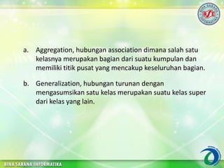 a. Aggregation, hubungan association dimana salah satu
kelasnya merupakan bagian dari suatu kumpulan dan
memiliki titik pusat yang mencakup keseluruhan bagian.
b. Generalization, hubungan turunan dengan
mengasumsikan satu kelas merupakan suatu kelas super
dari kelas yang lain.
 