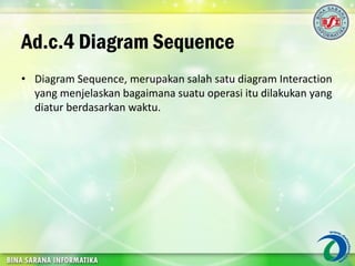 Ad.c.4 Diagram Sequence
• Diagram Sequence, merupakan salah satu diagram Interaction
yang menjelaskan bagaimana suatu operasi itu dilakukan yang
diatur berdasarkan waktu.
 