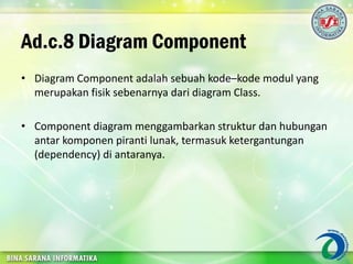 Ad.c.8 Diagram Component
• Diagram Component adalah sebuah kode–kode modul yang
merupakan fisik sebenarnya dari diagram Class.
• Component diagram menggambarkan struktur dan hubungan
antar komponen piranti lunak, termasuk ketergantungan
(dependency) di antaranya.
 