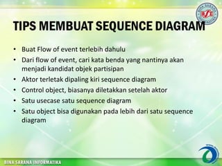 TIPS MEMBUAT SEQUENCE DIAGRAM
• Buat Flow of event terlebih dahulu
• Dari flow of event, cari kata benda yang nantinya akan
menjadi kandidat objek partisipan
• Aktor terletak dipaling kiri sequence diagram
• Control object, biasanya diletakkan setelah aktor
• Satu usecase satu sequence diagram
• Satu object bisa digunakan pada lebih dari satu sequence
diagram
 
