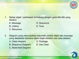 1. Setiap objek / participant terhubung dengan garis titik-titik yang
disebut:
A. Message D. Sequence
B. Lifeline E. Time
C. Recursive
2. Diagram yang menunjukkan sejumlah contoh objek dan message
yang diletakkan diantara objek-objek didalam use case disebut:
A. Class diagram D. Package
B. Sequence Diagram E. Use Case
C. Statechart Diagram
 