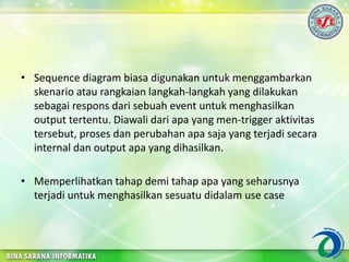 • Sequence diagram biasa digunakan untuk menggambarkan
skenario atau rangkaian langkah-langkah yang dilakukan
sebagai respons dari sebuah event untuk menghasilkan
output tertentu. Diawali dari apa yang men-trigger aktivitas
tersebut, proses dan perubahan apa saja yang terjadi secara
internal dan output apa yang dihasilkan.
• Memperlihatkan tahap demi tahap apa yang seharusnya
terjadi untuk menghasilkan sesuatu didalam use case
 