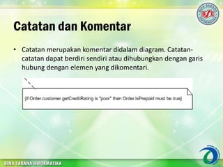 Catatan dan Komentar
• Catatan merupakan komentar didalam diagram. Catatan-
catatan dapat berdiri sendiri atau dihubungkan dengan garis
hubung dengan elemen yang dikomentari.
 