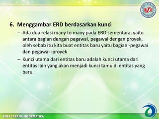 6. Menggambar ERD berdasarkan kunci
– Ada dua relasi many to many pada ERD sementara, yaitu
antara bagian dengan pegawai, pegawai dengan proyek,
oleh sebab itu kita buat entitas baru yaitu bagian -pegawai
dan pegawai -proyek
– Kunci utama dari entitas baru adalah kunci utama dari
entitas lain yang akan menjadi kunci tamu di entitas yang
baru.
 