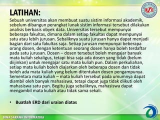 LATIHAN:
Sebuah universitas akan membuat suatu sistim informasi akademik,
sebelum dibangun perangkat lunak sistim informasi tersebut dilakukan
analisis berbasis obyek data. Universitas tersebut mempunyai
beberapa fakultas, dimana dalam setiap fakultas dapat mempunyai
satu atau lebih jurusan. Sebaliknya suatu jurusan hanya dapat menjadi
bagian dari satu fakultas saja. Setiap jurusan mempunyai beberapa
orang dosen, dengan ketentuan seorang dosen hanya boleh terdaftar
pada satu jurusan. Dosen – dosen tersebut boleh mengajar banyak
mata kuliah sekaligus, tetapi bisa saja ada dosen yang tidak (belum
diijinkan) untuk mengajar satu mata kuliah pun. Dalam perkuliahan,
setiap mata kuliah boleh diajarkan oleh beberapa dosen dan tidak
boleh ada mata kuliah yang belum ditentukan dosen pengampunya.
Sementara mata kuliah – mata kuliah tersebut pada umumnya dapat
diambil oleh banyak mahasiswa, tetapi dapat juga tidak diikuti oleh
mahasiswa satu pun. Begitu juga sebaliknya, mahasiswa dapat
mengambil mata kuliah atau tidak sama sekali.
• Buatlah ERD dari uraian diatas
 