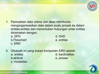 1. Pemodelan data utama dan akan membantu
mengorganisasikan data dalam suatu proyek ke dalam
entitas-entitas dan menentukan hubungan antar entitas
dinamakan dengan..
a. DFD d. DAD
b.Flowchart e. entitas
c. ERD
2. Dibawah ini yang bukan komponen ERD adalah
a. entitas d. kardinalitas
b.atributt e. proses
c. modalitas
 