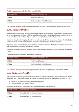 13
The following planning profiles have been created for TEL.
Planning Profile Planning Profile Short Text
ZTL01 Only Overall Planning
ZTL02 Both Annual and Overall Planning
This will result in change in the operating procedures of the Users. The cost planning needs to be done in SAP.
3.10. Budget Profile
Budget profile will control the budget parameters and how the budget ‘behaves’ in the projects. Budget profile is
set up at configuration level and will be defaulted based on project profile. Based on the requirements of the
business, budget profile can be configured to allow for yearly budget, overall budget, or both.
Most of the time, Overall Budget profile will be used. System should stop procurement when 100% of the budget
will be consumed. Email to external mail id; of assigned project manager should be triggered.
Depending on the available budget, there should be control on creation of PO. System should not allow posting
of PO commitments if sufficient budget is not available.
Availability control will be carried out based on the budget released. This setting will be maintained in the Budget
Profile.
The following budget profiles will be created in SAP for TEL.
Budgeting Profile Budgeting Profile Short Text
ZTL01 Only Overall Planning
ZTL02 Both Annual and Overall Planning
This will result in change in the operating procedures of the users. Budgeting needs to be entered in SAP.
3.11. Network Profile
Network profile controls the parameters for network header and network activities. A network represents the flow
of a project or of a task within a project. It controls the timing of PR creation. Two options are useful for TEL -
a) Create PR on release of activity – for Customer projects
b) Never create PR – for Tender Projects
Different types of Network Profiles have been created for different type of projects.
Network Profile Network Profile Short Text
ZTL01 Network Profile for Customer Projects
ZTL02 Network Profile for Tender Projects
 