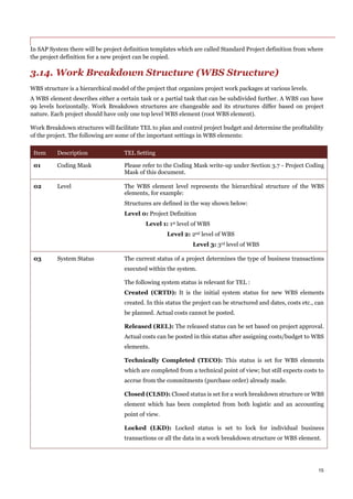 15
In SAP System there will be project definition templates which are called Standard Project definition from where
the project definition for a new project can be copied.
3.14. Work Breakdown Structure (WBS Structure)
WBS structure is a hierarchical model of the project that organizes project work packages at various levels.
A WBS element describes either a certain task or a partial task that can be subdivided further. A WBS can have
99 levels horizontally. Work Breakdown structures are changeable and its structures differ based on project
nature. Each project should have only one top level WBS element (root WBS element).
Work Breakdown structures will facilitate TEL to plan and control project budget and determine the profitability
of the project. The following are some of the important settings in WBS elements:
Item Description TEL Setting
01 Coding Mask Please refer to the Coding Mask write-up under Section 3.7 - Project Coding
Mask of this document.
02 Level The WBS element level represents the hierarchical structure of the WBS
elements, for example:
Structures are defined in the way shown below:
Level 0: Project Definition
Level 1: 1st level of WBS
Level 2: 2nd level of WBS
Level 3: 3rd level of WBS
03 System Status The current status of a project determines the type of business transactions
executed within the system.
The following system status is relevant for TEL :
Created (CRTD): It is the initial system status for new WBS elements
created. In this status the project can be structured and dates, costs etc., can
be planned. Actual costs cannot be posted.
Released (REL): The released status can be set based on project approval.
Actual costs can be posted in this status after assigning costs/budget to WBS
elements.
Technically Completed (TECO): This status is set for WBS elements
which are completed from a technical point of view; but still expects costs to
accrue from the commitments (purchase order) already made.
Closed (CLSD): Closed status is set for a work breakdown structure or WBS
element which has been completed from both logistic and an accounting
point of view.
Locked (LKD): Locked status is set to lock for individual business
transactions or all the data in a work breakdown structure or WBS element.
 
