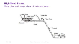 High Head Plants.
These plant work under a head of 100m and above.
20-02-2024 Manidar Thula, Associate Professor, EEE Dept.
 