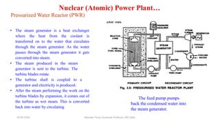 Nuclear (Atomic) Power Plant…
Pressurized Water Reactor (PWR)
The feed pump pumps
back the condensed water into
the steam generator.
• The steam generator is a heat exchanger
where the heat from the coolant is
transferred on to the water that circulates
through the steam generator. As the water
passes through the steam generator it gets
converted into steam.
• The steam produced in the steam
generator is sent to the turbine. The
turbine blades rotate.
• The turbine shaft is coupled to a
generator and electricity is produced.
• After the steam performing the work on the
turbine blades by expansion, it comes out of
the turbine as wet steam. This is converted
back into water by circulating
20-02-2024 Manidar Thula, Associate Professor, EEE Dept.
 