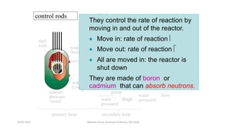 control rods
reactor
pressure
vessel
wate
(coo
steam (high pressure) electric
power
turbine steam (low
r pressure)
steam coolant in
generator steam condenser
r coolant out
l)
wate
(hot)
water (high
pressure)
water (low
pressure)
cadmium that can absorb neutrons.
pump
primary loop secondary loop
fuel
rods
They control the rate of reaction by
moving in and out of the reactor.
 Move in: rate of reaction 
 Move out: rate of reaction 
 All are moved in: the reactor is
shut down
They are made of boron or
20-02-2024 Manidar Thula, Associate Professor, EEE Dept.
 