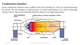 20-02-2024 Manidar Thula, Associate Professor, EEE Dept.
Combustion chamber.
In the combustion chamber, heat is added to the air by burning oil. The oil is injected through
the burner into the chamber at high pressure to ensure atomization of oil and its thorough
mixing with air. The result is that the chamber attains a very high temperature.
 