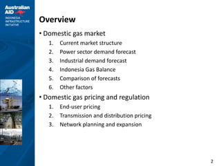 Overview
• Domestic gas market
   1.   Current market structure
   2.   Power sector demand forecast
   3.   Industrial demand forecast
   4.   Indonesia Gas Balance
   5.   Comparison of forecasts
   6.   Other factors
• Domestic gas pricing and regulation
   1.   End-user pricing
   2.   Transmission and distribution pricing
   3.   Network planning and expansion




                                                2
 