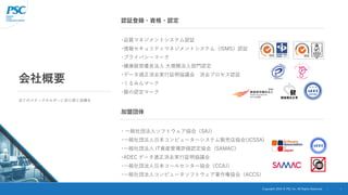 Copyright 2024 © PSC Inc. All Rights Reserved. 3
会社概要
全てのステークホルダーに安心感と信頼を
･品質マネジメントシステム認証
･情報セキュリティマネジメントシステム（ISMS）認証
･プライ...