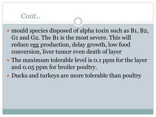 Cont..
 mould species disposed of alpha toxin such as B1, B2,
G1 and G2. The B1 is the most severe. This will
reduce egg production, delay growth, low food
conversion, liver tumor even death of layer
 The maximum tolerable level is 0.1 ppm for the layer
and 0.05 ppm for broiler poultry.
 Ducks and turkeys are more tolerable than poultry
 