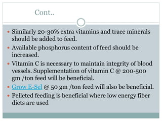 Cont..
 Similarly 20-30% extra vitamins and trace minerals
should be added to feed.
 Available phosphorus content of feed should be
increased.
 Vitamin C is necessary to maintain integrity of blood
vessels. Supplementation of vitamin C @ 200-500
gm /ton feed will be beneficial.
 Grow E-Sel @ 50 gm /ton feed will also be beneficial.
 Pelleted feeding is beneficial where low energy fiber
diets are used
 