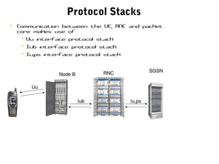 Protocol Stacks
• Communication between the UE, RNC and packet
core makes use of
• Uu interface protocol stack
• Iub interface protocol stack
• Iu,ps interface protocol stack
Iub Iu,ps
Uu
Node B RNC SGSN
 