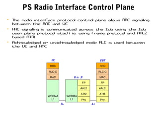 PS Radio Interface Control Plane
• The radio interface protocol control plane allows RRC signalling
between the RNC and UE
• RRC signalling is communicated across the Iub using the Iub
user plane protocol stack i.e. using Frame protocol and AAL2
based ATM
• Acknowledged or unacknowledged mode RLC is used between
the UE and RNC
WCDMA
L1
RRC
WCDMA
L1
AAL2
FP
ATM
Phy
MAC
RLC-C
AAL2
FP
ATM
Phy
MAC
RLC-C
UE
No de B
RNC
Uu Iub
RRC
 