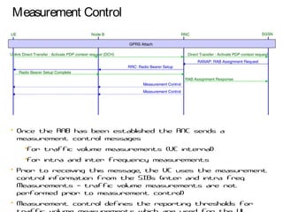Measurement Control
UE RNC SGSNNode B
Uplink Direct Transfer : Activate PDP context request (DCH) Direct Transfer : Activate PDP context request
RANAP: RAB Assignment Request
RRC: Radio Bearer Setup
Radio Bearer Setup Complete
RAB Assignment Response
Measurement Control
• Once the RAB has been established the RNC sends a
measurement control messages
•For traffic volume measurements (UE internal)
•For intra and inter frequency measurements
• Prior to receiving this message, the UE uses the measurement
control information from the SIBs (inter and intra freq.
Measurements traffic volume measurements are not–
performed prior to measurement control)
• Measurement control defines the reporting thresholds for
Measurement Control
GPRS Attach
 