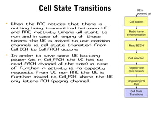 Cell State Transitions
• When the RNC notices that there is
nothing being transmitted between UE
and RNC, inactivity timers will start to
run and in case of expiry of those
timers the UE is moved to use common
channels i.e. cell state transition from
Cell_DCH to Cell_FACH occurs
• In order to save some UE battery
power (as in Cell_FACH the UE has to
read FACH channel all the time) in case
of further in activity i.e. no capacity
requests from UE nor RNC the UE is
further moved to Cell_PCH where the UE
only listens PCH (paging channel)
UE is
powered up
Read BCCH
Cell selection
Register with
core network
Cell State
Transitions
Radio frame
synchronisation
Cell search
Originating PS
Call
 