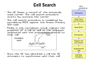 Cell Search
• The UE keeps a record of the previously
used carrier. The cell search procedure
starts by scanning this carrier
• The cell search procedure is completed by
correlating RSSI against the known Primary
SCH code
• Peaks in the correlation result indicate the
presence of a cell as well as the multipath
associated with the propagation channel to
that cell
Correlation
Peaks
time
Correlation
result
• Once the UE has identified a cell the UE
attempts to synchronise with that cell
UE is
powered up
Read BCCH
Cell selection
Register with
core network
Cell State
Transitions
Radio frame
synchronisation
Cell search
Originating PS
Call
 