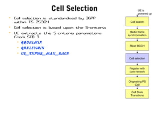 Cell Selection
• Cell selection is standardised by 3GPP
within TS 25.304
• Cell selection is based upon the S-criteria
• UE extracts the S-criteria parameters
from SIB 3
• QqualMin
• QrxlevMin
• UE_TXPWR_MAX_RACH
UE is
powered up
Read BCCH
Cell selection
Register with
core network
Cell State
Transitions
Radio frame
synchronisation
Cell search
Originating PS
Call
 