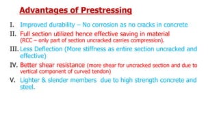 Advantages of Prestressing
I. Improved durability – No corrosion as no cracks in concrete
II. Full section utilized hence effective saving in material
(RCC – only part of section uncracked carries compression).
III. Less Deflection (More stiffness as entire section uncracked and
effective)
IV. Better shear resistance (more shear for uncracked section and due to
vertical component of curved tendon)
V. Lighter & slender members due to high strength concrete and
steel.
 