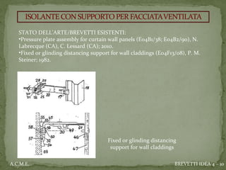 STATO DELL’ARTE/BREVETTI ESISTENTI:
•Pressure plate assembly for curtain wall panels (E04B1/38; E04B2/90), N.
Labrecque (CA), C. Lessard (CA); 2010.
•Fixed or glinding distancing support for wall claddings (E04F13/08), P. M.
Steiner; 1982.
Fixed or glinding distancing
support for wall claddings
BREVETTI IDEA 4 – 10A.C.M.E.
 