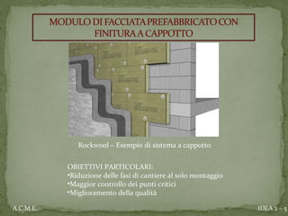 IDEA 2 – 5A.C.M.E.
OBIETTIVI PARTICOLARI:
•Riduzione delle fasi di cantiere al solo montaggio
•Maggior controllo dei punti critici
•Miglioramento della qualità
Rockwool – Esempio di sistema a cappotto
 