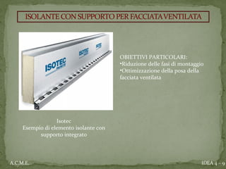 IDEA 4 – 9A.C.M.E.
OBIETTIVI PARTICOLARI:
•Riduzione delle fasi di montaggio
•Ottimizzazione della posa della
facciata ventilata
Isotec
Esempio di elemento isolante con
supporto integrato
 