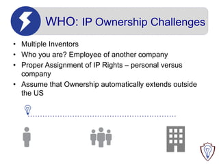 WHO: IP Ownership Challenges
• Multiple Inventors
• Who you are? Employee of another company
• Proper Assignment of IP Rights – personal versus
company
• Assume that Ownership automatically extends outside
the US
 