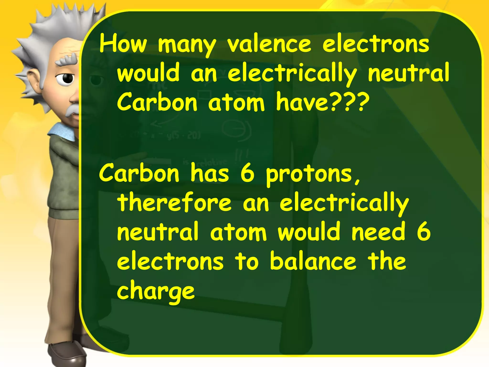 How many valence electrons
would an electrically neutral
Carbon atom have???
Carbon has 6 protons,
therefore an electrically
neutral atom would need 6
electrons to balance the
charge

 