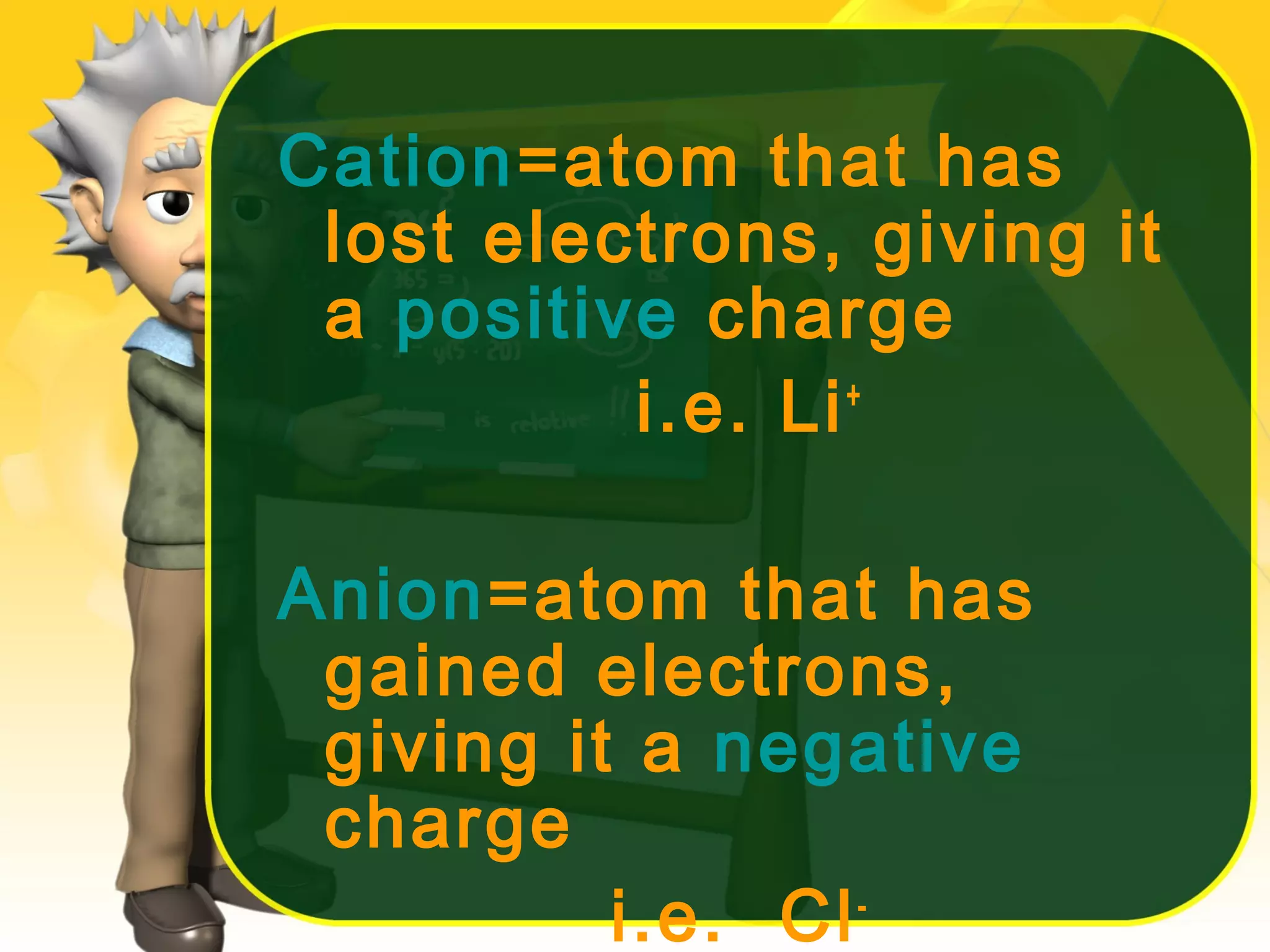 Cation=atom that has
lost electrons, giving it
a positive charge
i.e. Li +
Anion=atom that has
gained electrons,
giving it a negative
charge
i.e. Cl -

 