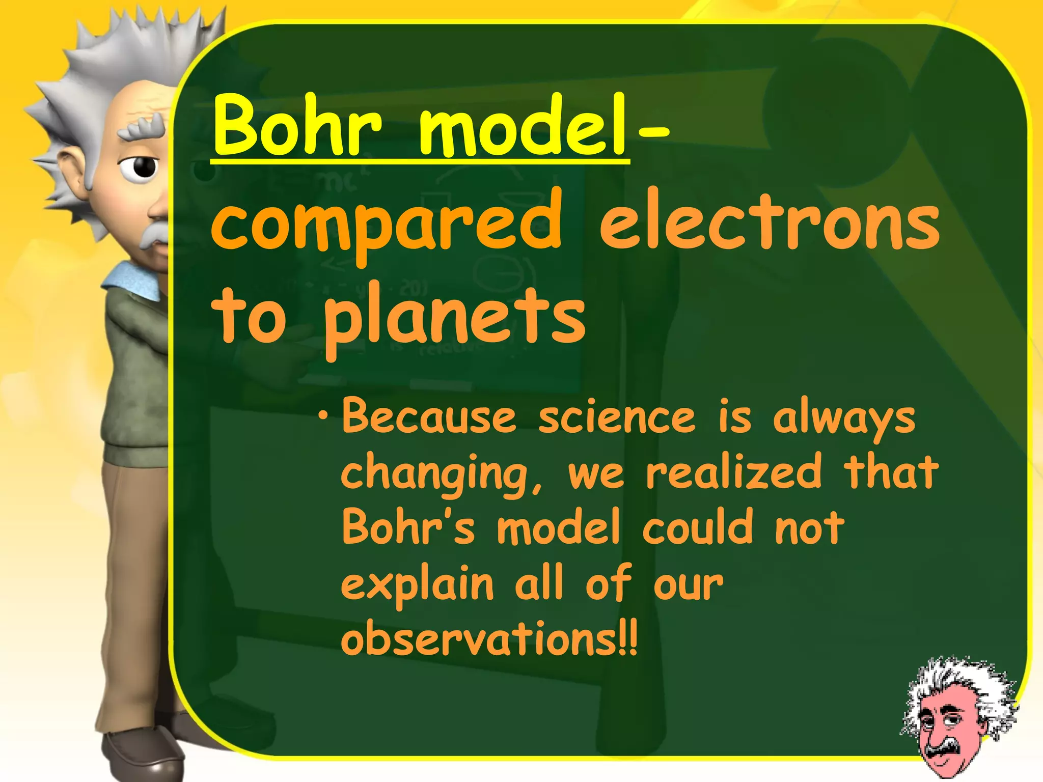 Bohr modelcompared electrons
to planets
• Because science is always
changing, we realized that
Bohr’s model could not
explain all of our
observations!!

 