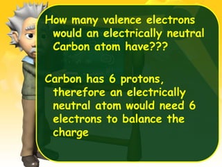 How many valence electrons
would an electrically neutral
Carbon atom have???
Carbon has 6 protons,
therefore an electrically
neutral atom would need 6
electrons to balance the
charge

 