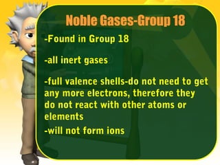 Noble Gases-Group 18
-Found in Group 18
-all inert gases
-full valence shells-do not need to get
any more electrons, therefore they
do not react with other atoms or
elements
-will not form ions

 