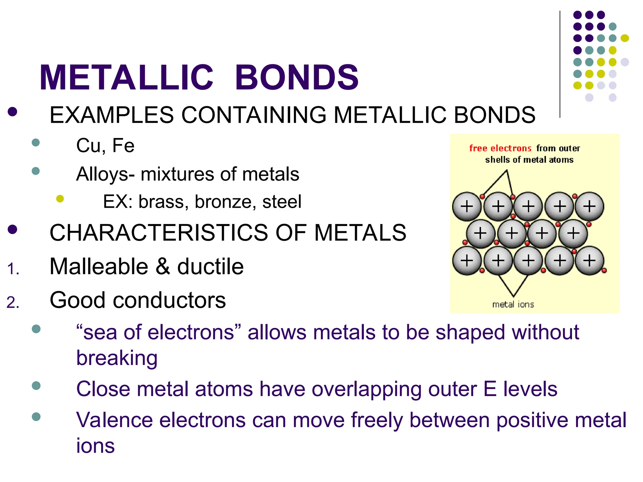 METALLIC BONDS
 EXAMPLES CONTAINING METALLIC BONDS
 Cu, Fe
 Alloys- mixtures of metals
 EX: brass, bronze, steel
 CHARACTERISTICS OF METALS
1. Malleable & ductile
2. Good conductors
 “sea of electrons” allows metals to be shaped without
breaking
 Close metal atoms have overlapping outer E levels
 Valence electrons can move freely between positive metal
ions
 