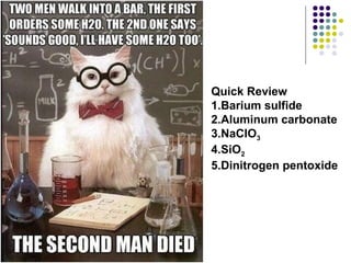 Quick Review
1.Barium sulfide
2.Aluminum carbonate
3.NaClO3
4.SiO2
5.Dinitrogen pentoxide
 