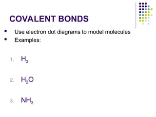 COVALENT BONDS
 Use electron dot diagrams to model molecules
 Examples:
1. H2
2. H2O
3. NH3
 