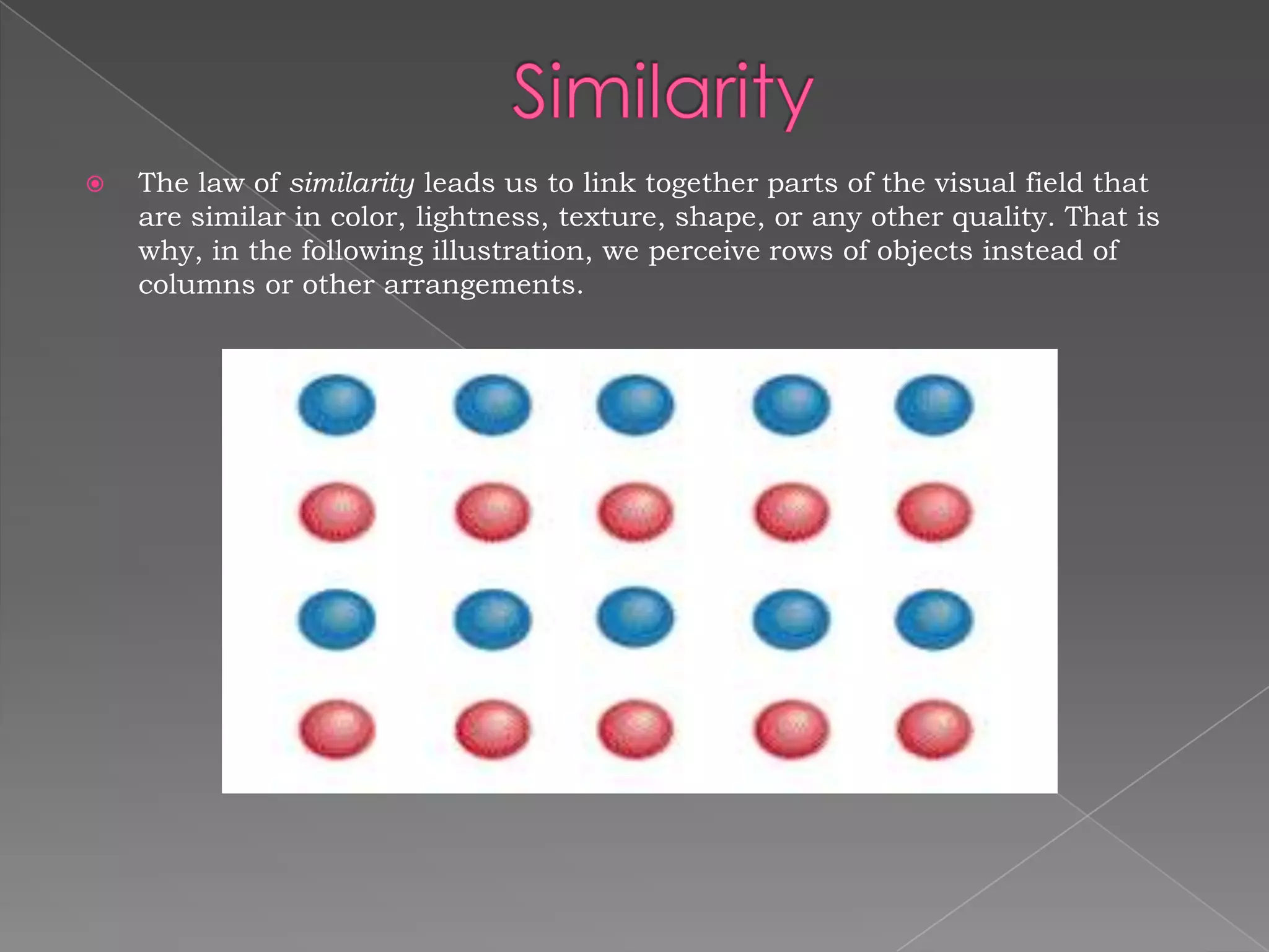    The law of similarity leads us to link together parts of the visual field that
    are similar in color, lightness, texture, shape, or any other quality. That is
    why, in the following illustration, we perceive rows of objects instead of
    columns or other arrangements.
 